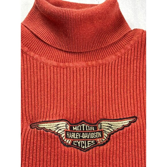 Harley-Davidson Womens Orange Turtleneck Top Size M Y2K Ribbed Knit Cotton - Picture 2 of 7